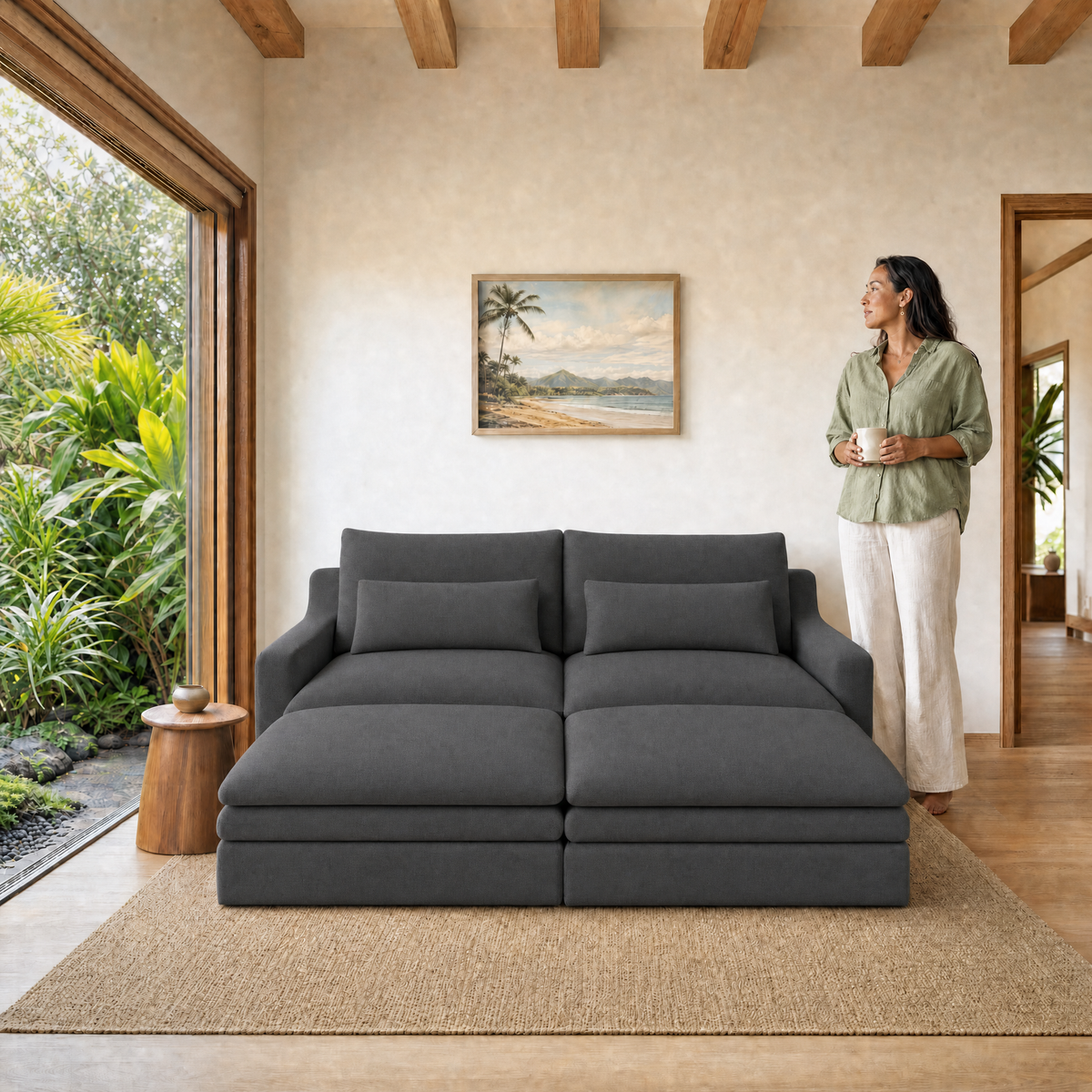 Kahala Daybed — Charcoal / 86.6 inch — front staged in a Hawaiian home — KAH-DAY-2-B