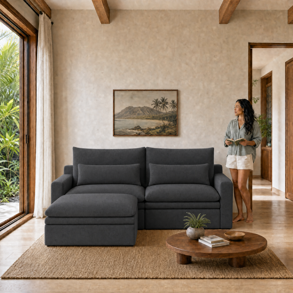 Kahala Sectional — Charcoal / 86.6 inch — front staged in a Hawaiian home — KAH-SEC-2-B