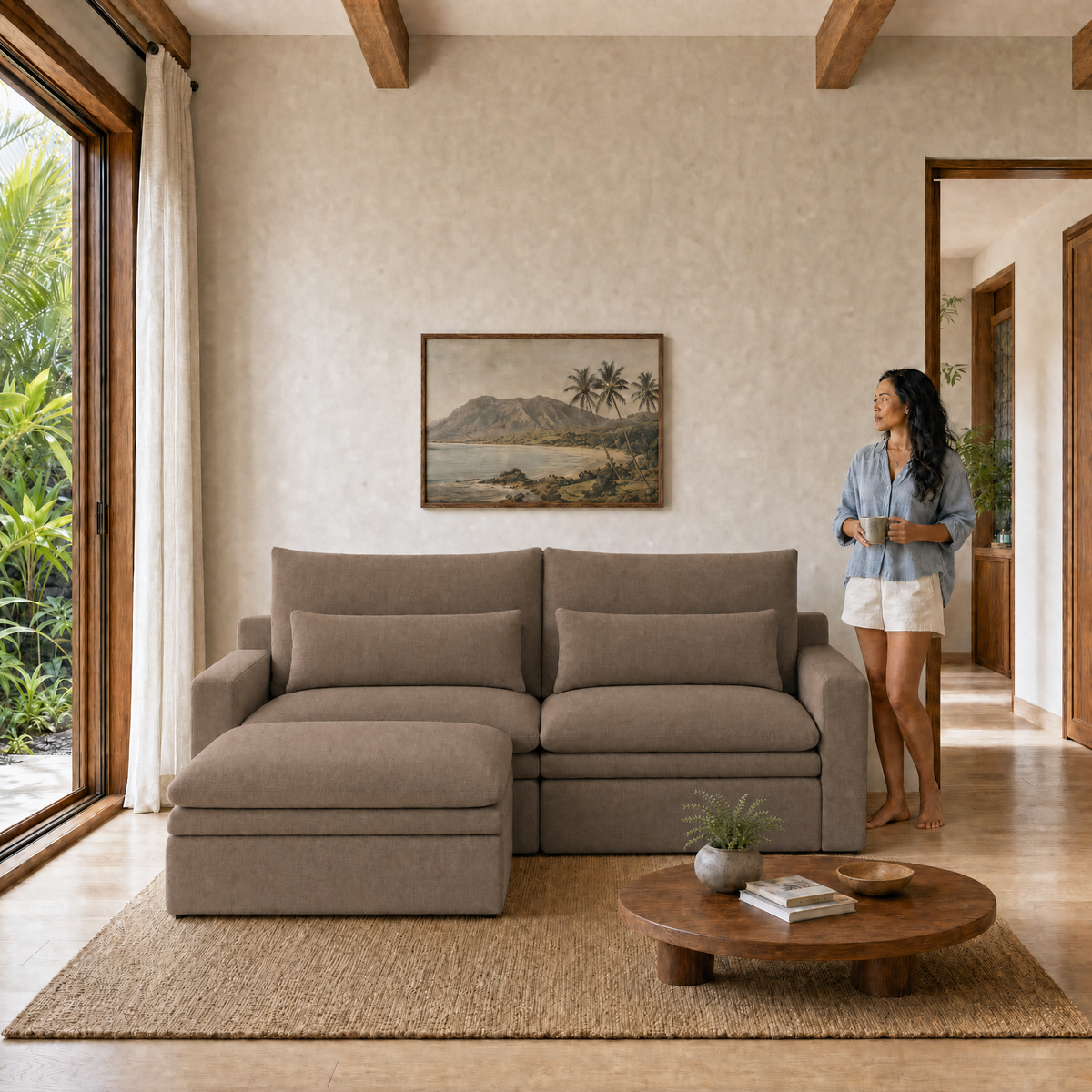 Kahala Sectional — Brown / 86.6 inch — front staged in a Hawaiian home — KAH-SEC-2-BR