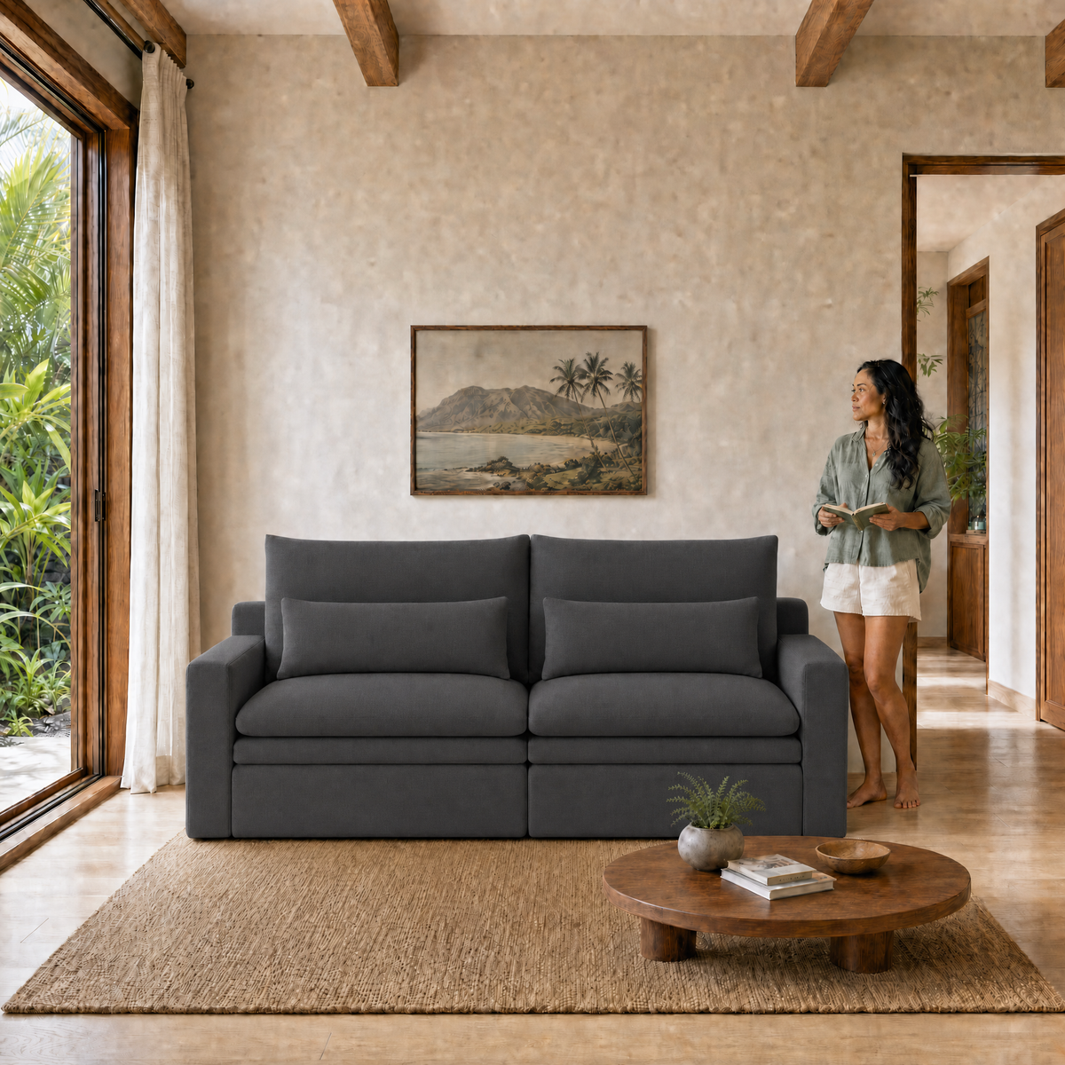 Kahala Sofa — Charcoal / 86.6 inch — front staged in a Hawaiian home — KAH-SOF-2-B