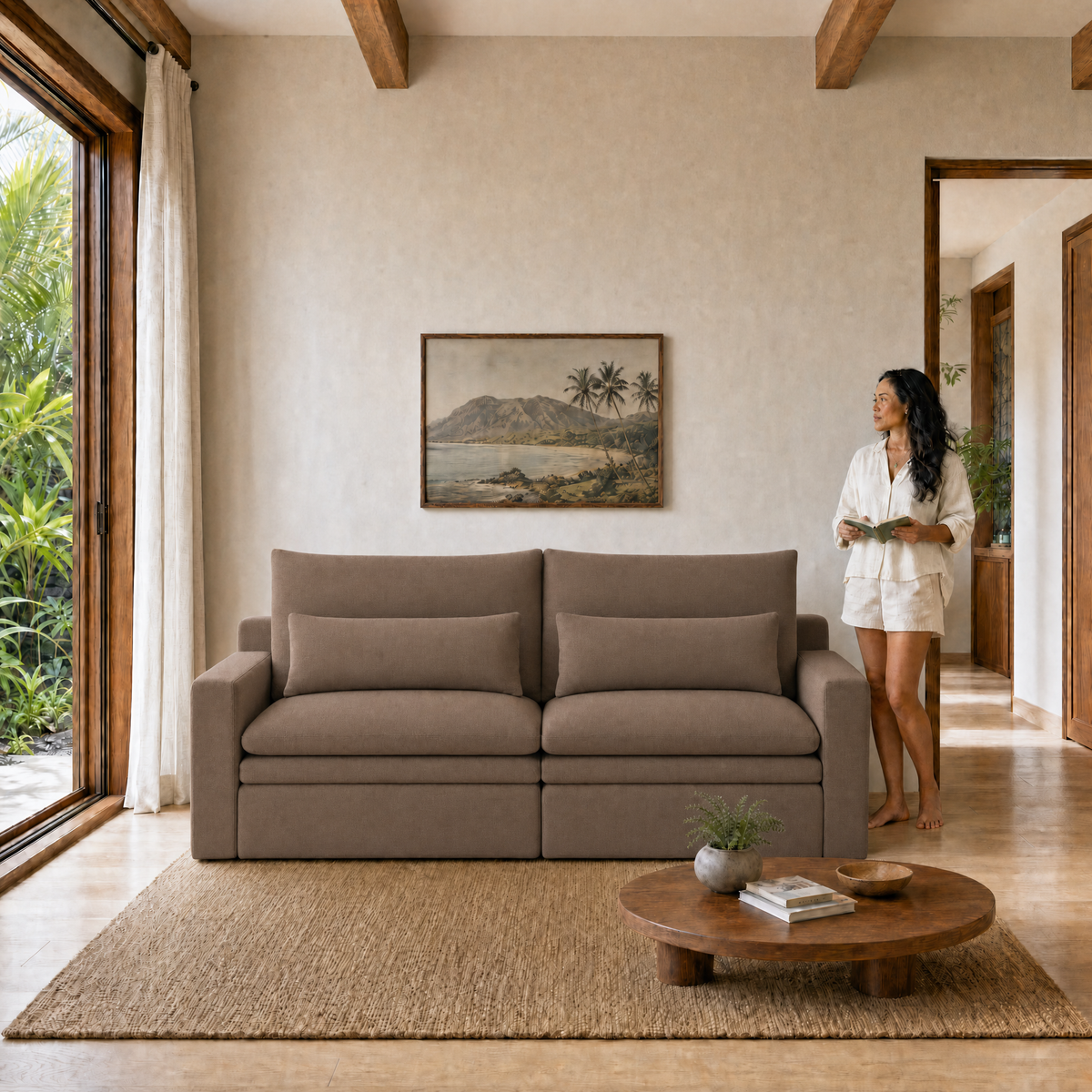 Kahala Sofa — Brown / 86.6 inch — front staged in a Hawaiian home — KAH-SOF-2-BR