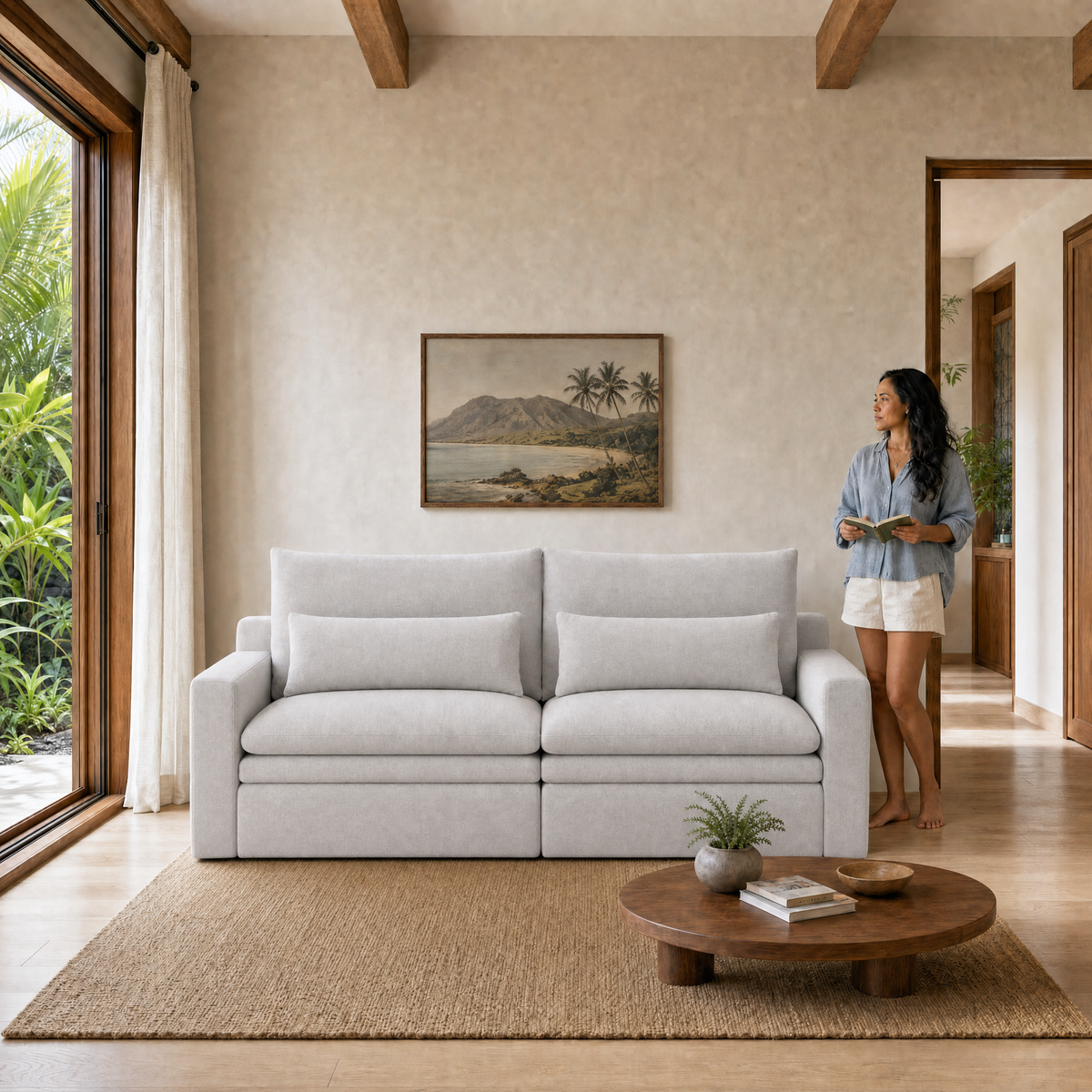 Kahala Sofa — Sand / 86.6 inch — front staged in a Hawaiian home — KAH-SOF-2-S