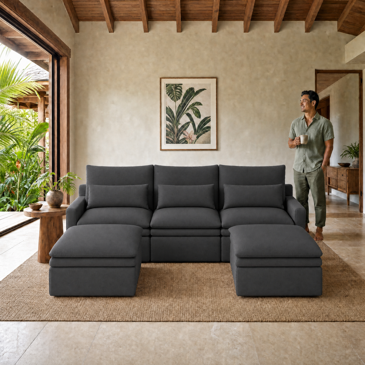 Kahala U Sectional — Charcoal / 129.9 inch — front staged in a Hawaiian home — KAH-USEC-3-B