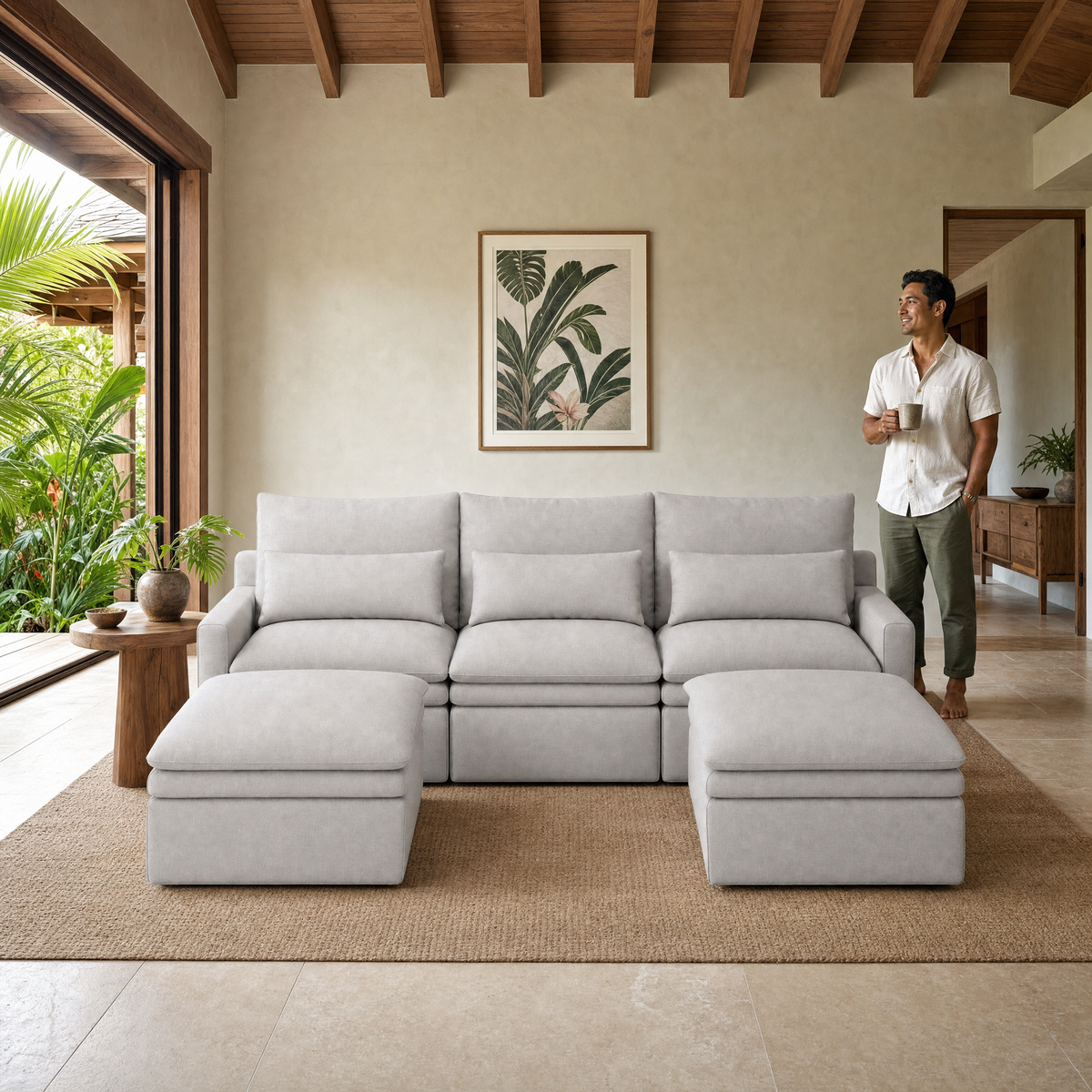 Kahala U Sectional — Sand / 129.9 inch — front staged in a Hawaiian home — KAH-USEC-3-S