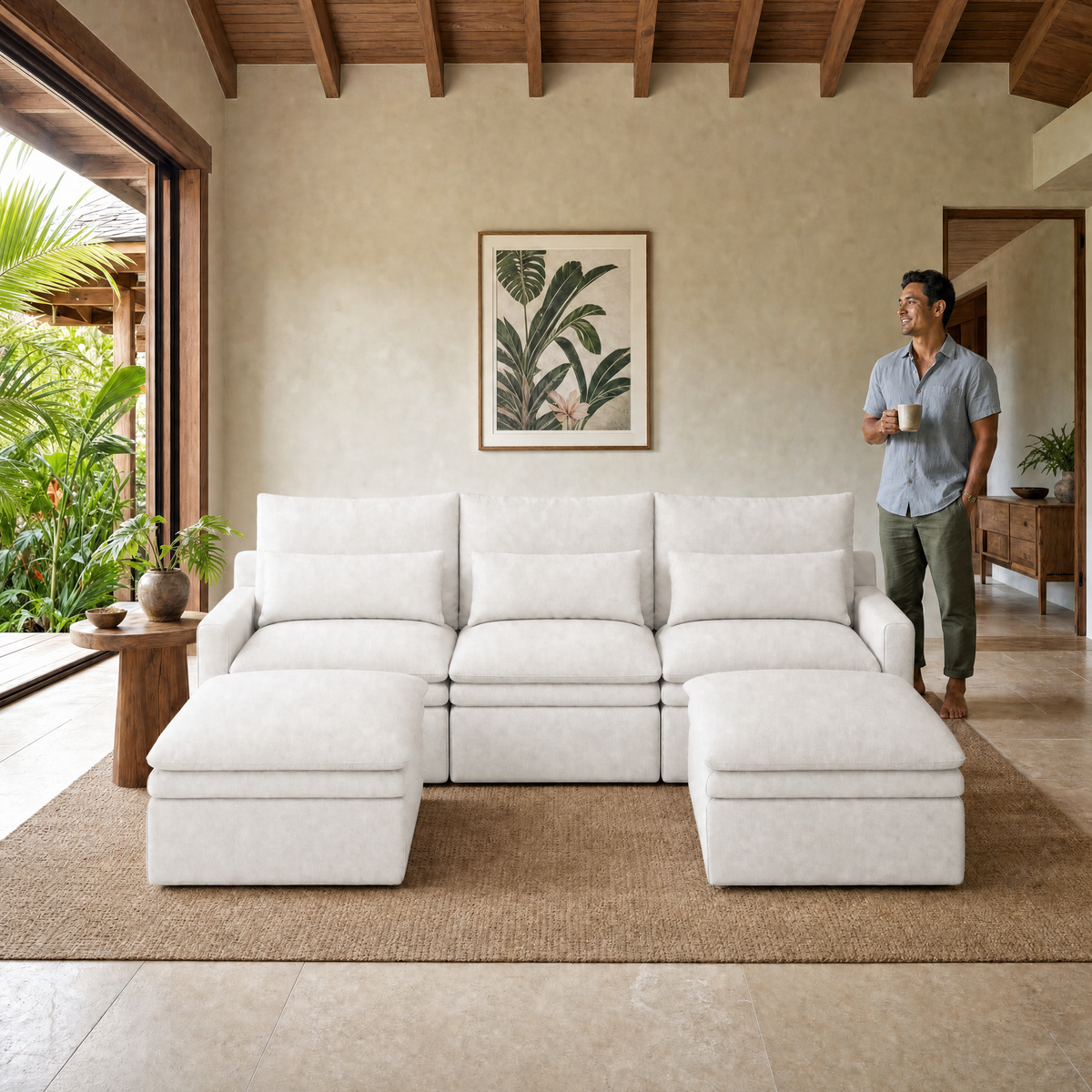 Kahala U Sectional — White / 129.9 inch — front staged in a Hawaiian home — KAH-USEC-3-W