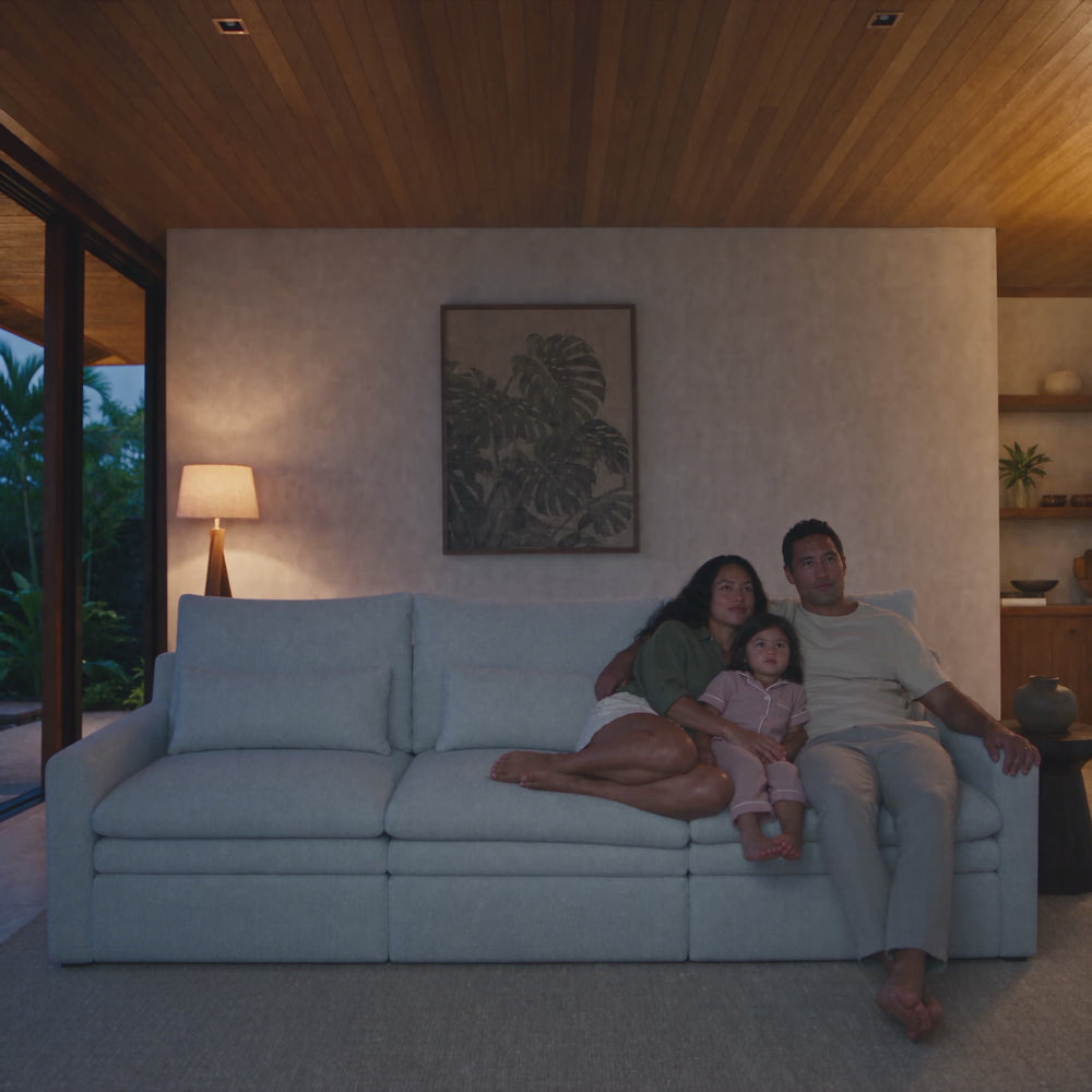 Kahala family movie night — illustrative lifestyle scene, three-seat Sofa in Sand